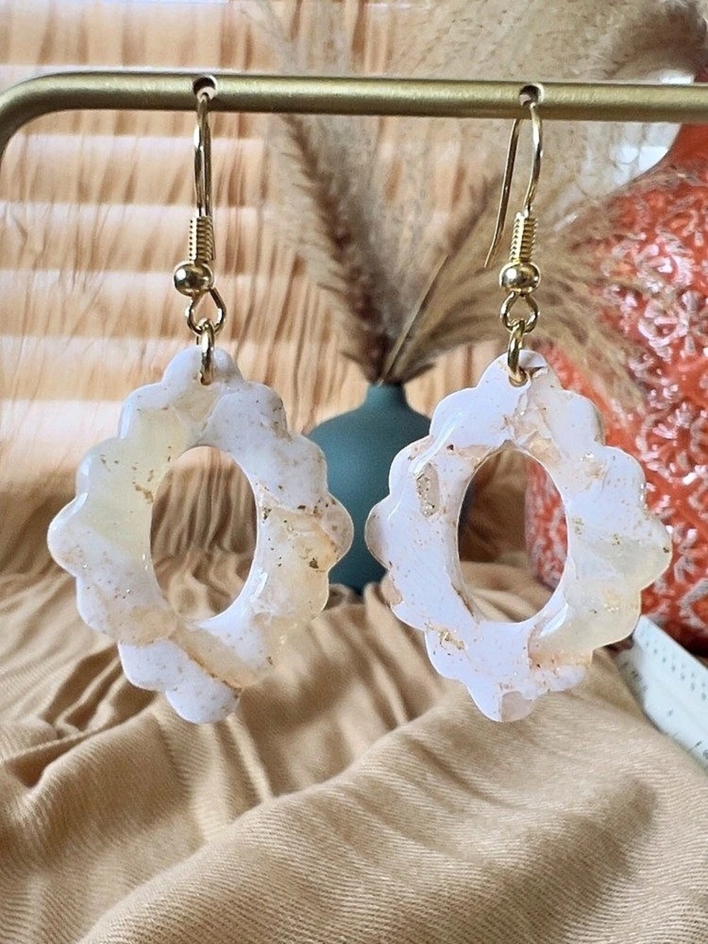 Polymer Clay and UV Resin Drop Earrings in White & Gold
